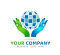 Globe holding hands icon family union, love care in hands logo Royalty Free Stock Photo