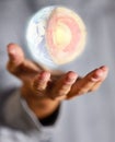 Globe hologram, earth and hands of woman with 3d digital model for global warming mockup. Science anatomy, holographic