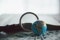 Globe with Holy Bible for mission, Mission christian idea. bible and book on wooden table, Christian background for great Royalty Free Stock Photo