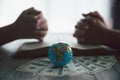 Globe with Holy Bible for mission, Mission christian idea. bible and book on wooden table, Christian background for great Royalty Free Stock Photo