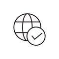 Globe icon and checkmark, confirm planet, vector illustration on a white background, editable stroke