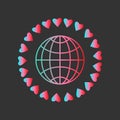 Globe icon, circle of hearts. Gradient colors, blue pink red. Concept of love, kindness, peace on planet. Royalty Free Stock Photo