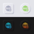 Globe icon with upload arrow symbol icon set, Multicolor neumorphism button soft UI Design. Royalty Free Stock Photo