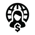 Globe icon vector with dollar sign currency money female person profile avatar symbol for a business network Royalty Free Stock Photo