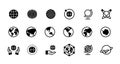 Globe icons. Geography and destination line and black symbol for web interface, planet country and map icons design