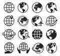 Globe icons. Internet web icon with globe, cursor, arrow. Global plane travel, world map. International communication