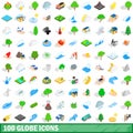 100 globe icons set, isometric 3d style Royalty Free Stock Photo