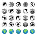Globe icons. World on sphere. Global earth map. Planets with symbols of internet, arrow and travel on plane. Simple graphic with