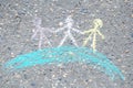 Globe kids painted with chalks on asphalt, international friendship day, figure sign sketched on the earth