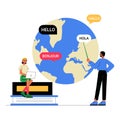 World Globe With Language Speech Bubbles In Flat Vector Illustration Symbolizing Global Communication, Multilingual