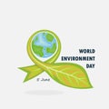 Globe and Leaf sign. World Environment day concept vector logo d Royalty Free Stock Photo