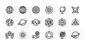 Globe line icons. World earth outline symbols for web interfaces, planet country map travel design template. Vector