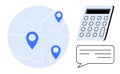 Global Locations with Calculator and Communication Bubble for Financial and Analytical Insights Royalty Free Stock Photo