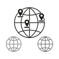 Globe with location pins. Global navigation symbol. Abstract travel concept. Black outline vector.