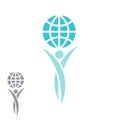 Globe logo man hands up planet together, achievement success creative idea, save Earth emblem