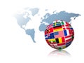 Globe made out of flags on a world map background. Royalty Free Stock Photo