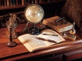 Globe magnifier on vintage desk Royalty Free Stock Photo