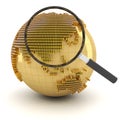 Globe with magnifying glass, economy outlook Royalty Free Stock Photo