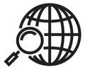 Globe with magnifying glass. Global worldwide search icon