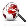 Red Globe with Magnifying Glass - Europe in Focus