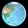 Globe map of East Asia, satellite view, geographical map, physics. Cartography, relief atlas. Royalty Free Stock Photo