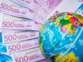 Globe, Map Of Europe, Eu Banknotes In Denominations Of 500 Euros