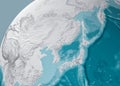 Globe map of Japan, North Korea and South Korea, physical map Asia, East Asia. Map with reliefs. Bathymetry, underwater depth