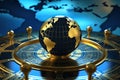 Globe and map of the world on a golden background, World government that prioritizes global cooperation and diplomacy, AI