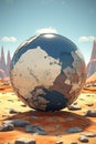 A globe in the middle of a desert. Generative AI image.