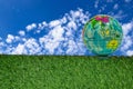 Globe model rests on the green grass. Royalty Free Stock Photo