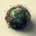 Globe with multiple flowers and plants overgrowing, created using generative ai technology