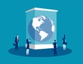 Globe in a museum glass box. Concept business vector illustration, Extinct, People, Looking and Searching