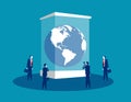Globe in a museum glass box. Concept business vector illustration, Extinct, People, Looking and Searching