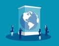 Globe in a museum glass box. Concept business vector illustration, Extinct, People, Looking and Searching