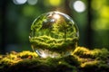 Globe in nature Earth sphere crystal illuminated by sunlight on moss