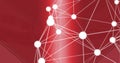 Globe of network of connections against against abstract geometrical shapes on red background