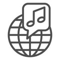 Globe with note, music worldwide line icon, music concept, international music vector sign on white background, outline Royalty Free Stock Photo