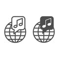 Globe with note, music worldwide line and solid icon, music concept, international music vector sign on white background Royalty Free Stock Photo