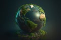 Globe with overgrowing green plants on black background, created using generative ai technology