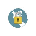 Globe with padlock sign. Secure global network symbol