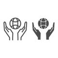 Globe in palms line and solid icon, save earth concept, two hand holding planet sign on white background, Hands with Royalty Free Stock Photo