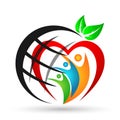 Globe People union in heart family care logo icon winning happiness together team work success wellness green leaves sea wave Royalty Free Stock Photo