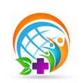 Globe People union world sun globe family care medical logo winning happiness together team work success wellness green leaves Royalty Free Stock Photo