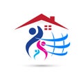 Globe Peoples family together And Home Shape care Logo Design. Business, health.