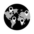 Globe with pin vector icons. Location on planet or world. Find place on globe.