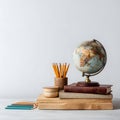 Globe Placed on a Stack of Vintage Books on Gray Background Representing Education and Back-to-School Concept Royalty Free Stock Photo