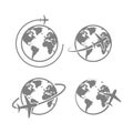 Globe plane icon vector. airplane fly around the earth. international world fly sign symbol. isolated logo on white background. Royalty Free Stock Photo