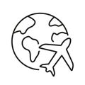 Globe with Plane Line Icon. Travel Around World Linear Pictogram. Airplane with Planet Earth Outline Symbol. Air Royalty Free Stock Photo