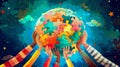 The globe of the planet earth consisting of multicolored puzzles in the hands of people. Royalty Free Stock Photo