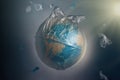 Globe of planet Earth dressed in a garbage plastic bag. Fly around the pieces of broken plastic. The concept of land pollution and Royalty Free Stock Photo